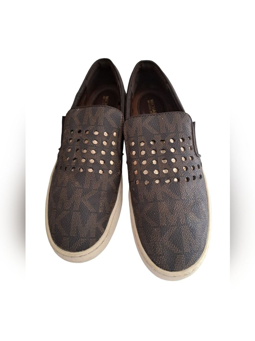 MK Michael KORS Keaton loafer shoes flats slip on laser cut out brown gold 6.5 - Picture 2 of 10